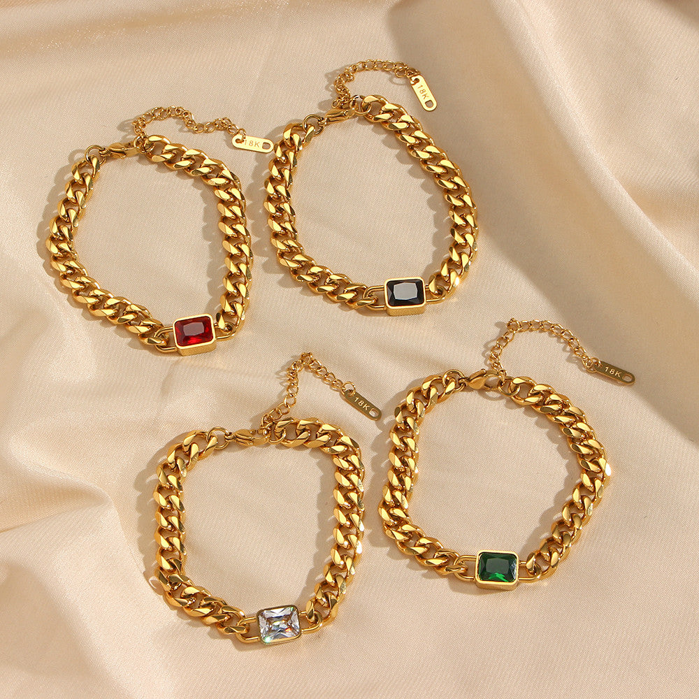 18k Gold Square Cubic Zirconia Black White Green Red Stone Hip Hop Cuban Chain Bracelet