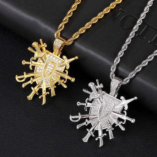 White Gold 18k Gold Shield Dagger Crest Emblem Flooded Ice Pendant Chain Necklace