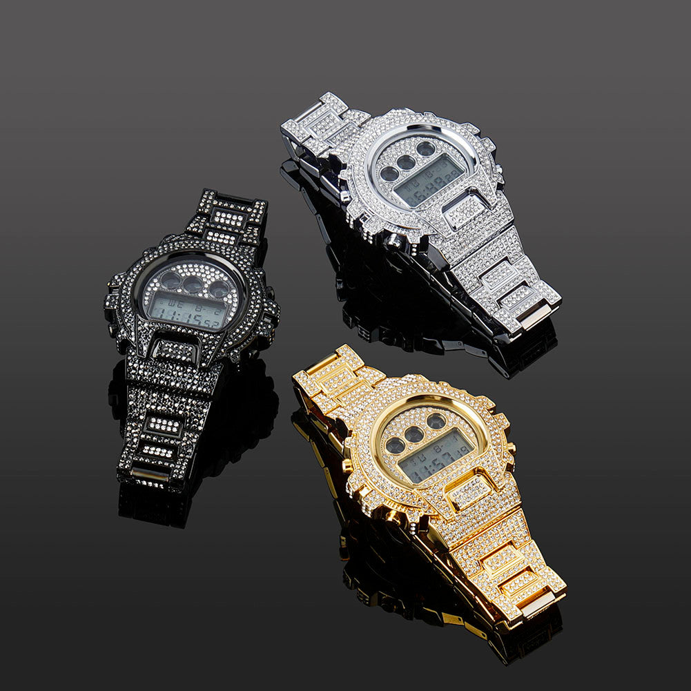 New Flooded Ice Fashion Stainless Steel Digital Movt Watch Lab Diamond Hip Hop Wristwatch