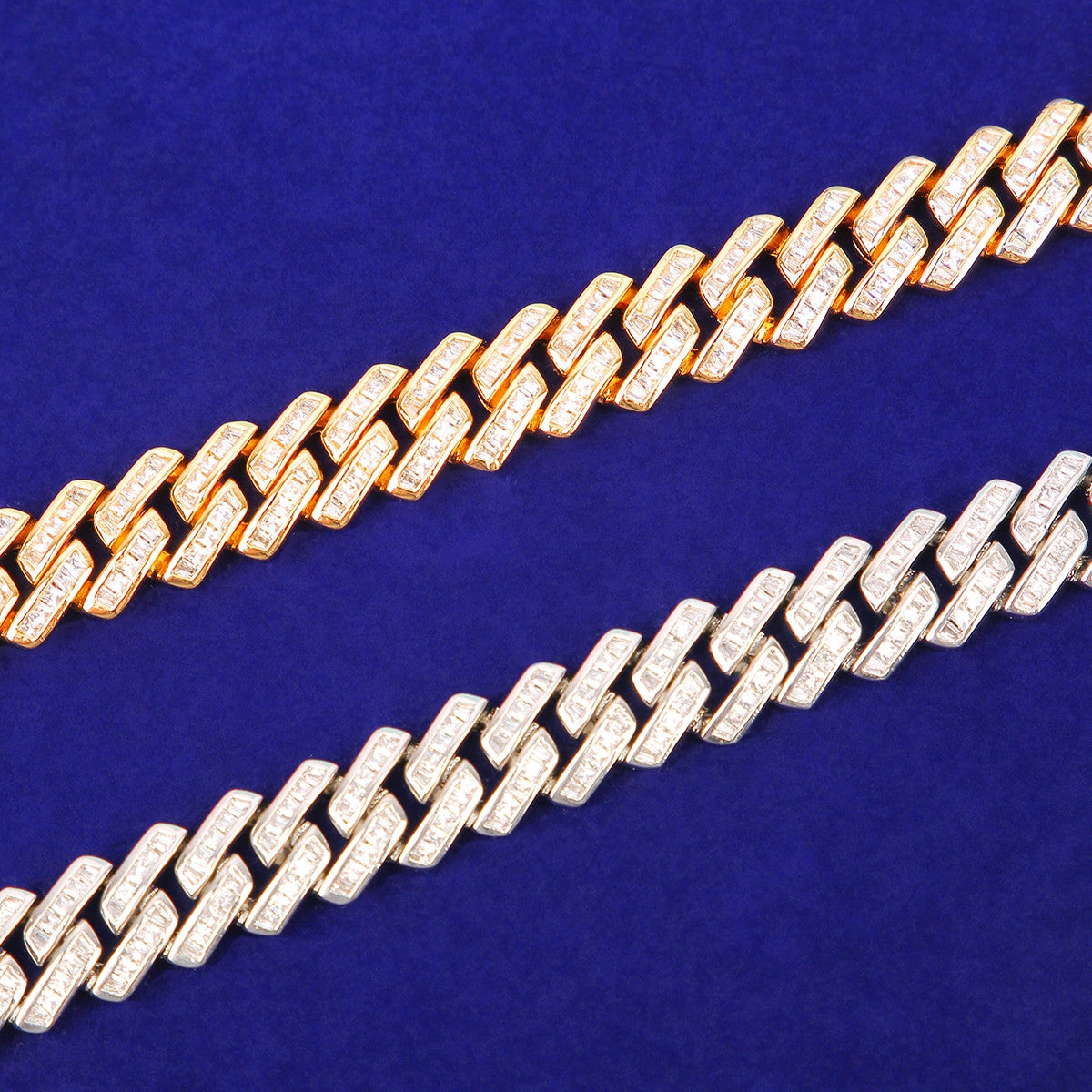 Hip Hop 24k Yellow 14k White Gold 11MM Baguette Chain Bracelet Jewelry Set