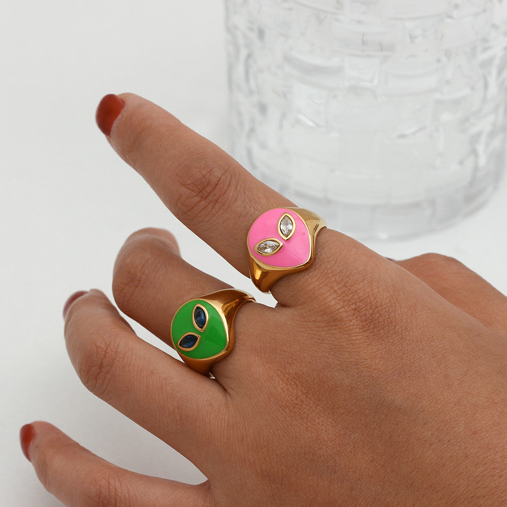 18k Gold Waterproof Tarnish Free Stainless Steel Colorful Pink Green CZ Stone Alien Rings