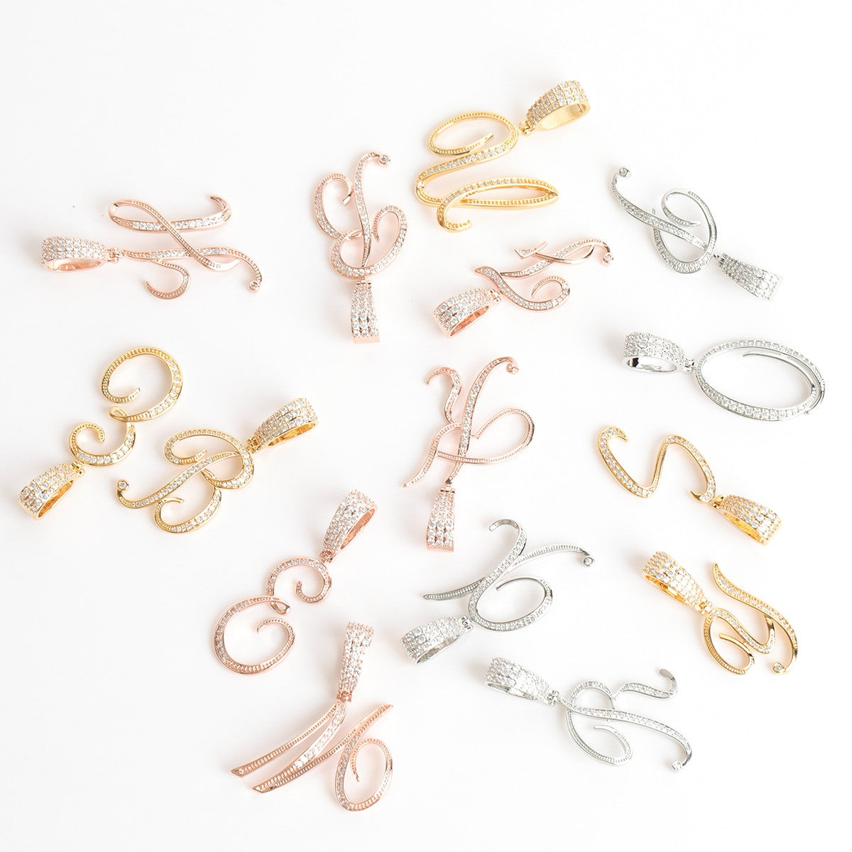 24k Gold .925 Silver 5A Simulate Diamond Cursive Letter Bling Bling Chain Necklace