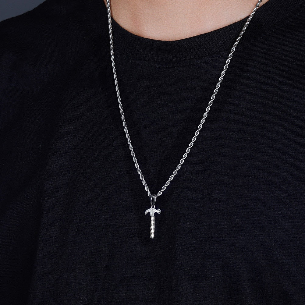 Flooded Ice 925 Sterling Silver Simulated Diamond Hammer Bling Pendant