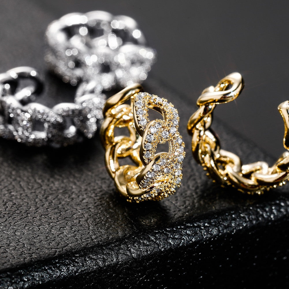 Ladies Bling White Yellow Gold Cuban Link Small Ear Clip Earrings