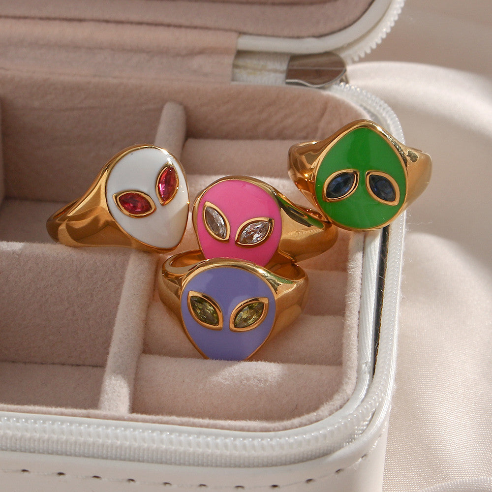 18k Gold Waterproof Tarnish Free Stainless Steel Colorful Pink Green CZ Stone Alien Rings