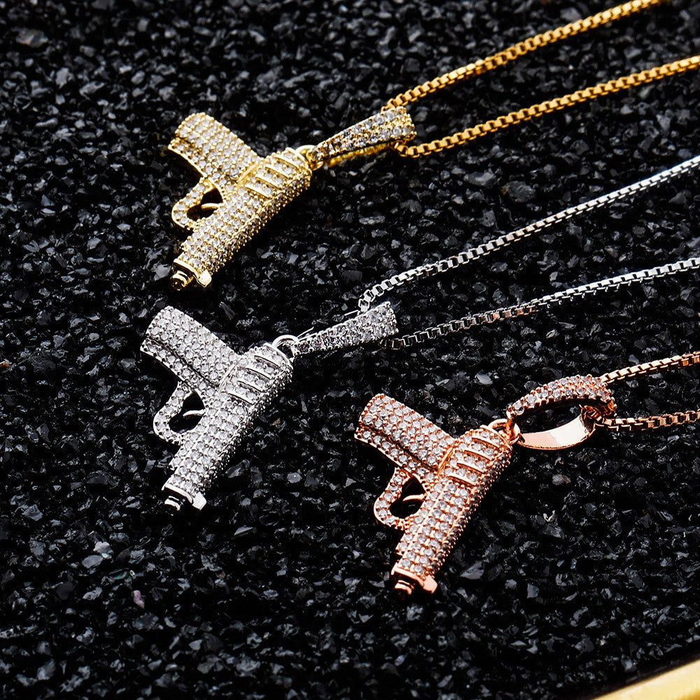 Ride or Die Hip Hop 925 Sterling Silver Rose Gold 14k Hip Hop Gun 380 Pistol Bling Pendant
