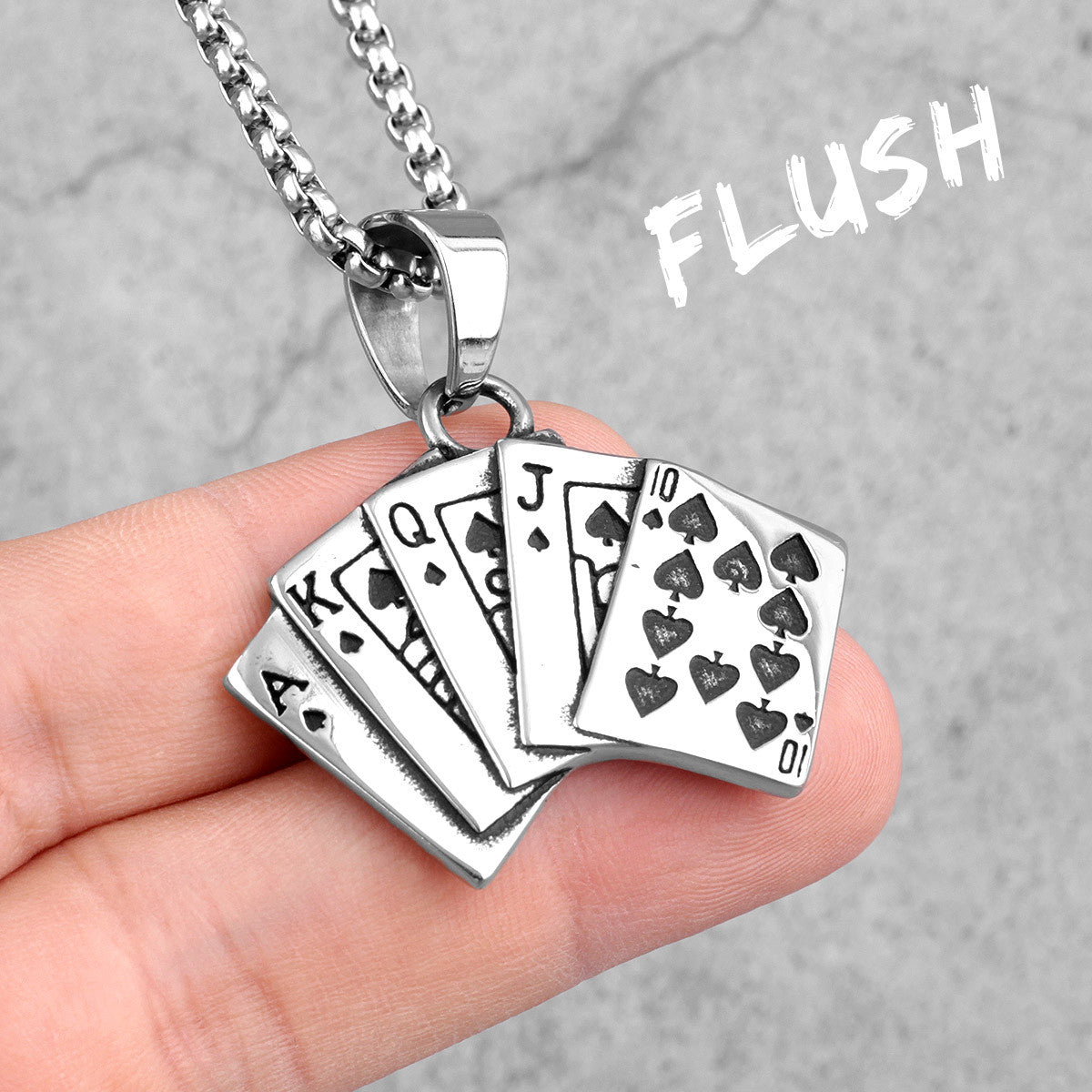 316L No Fade Stainless Steel Straight Flush Poker Hand Street Wear Pendant Chain