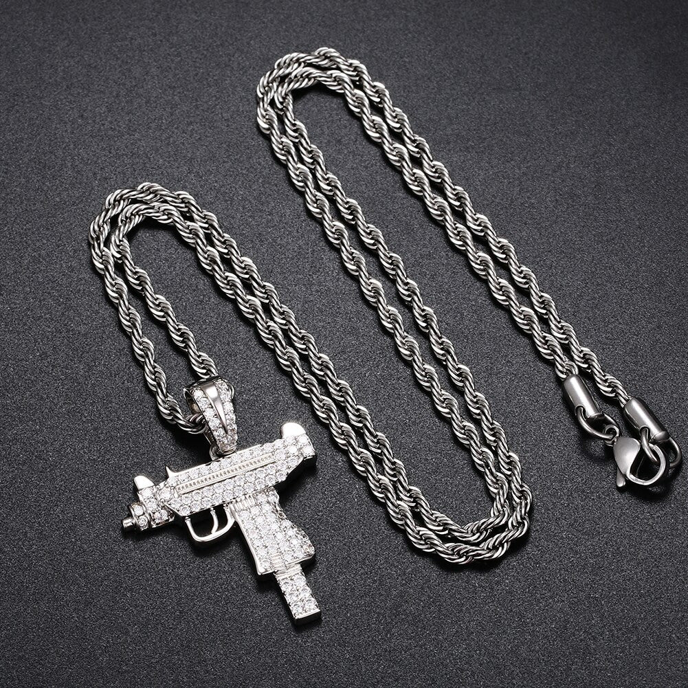 Solid 925 Sterling Silver UZI Machine 5A Diamond Simulate Hip Hop Pendant Chain