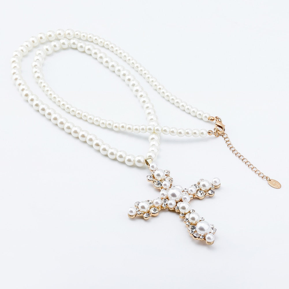 Ladies New Fashion White Pearl Strand Simulate Diamond Vintage look Cross Necklace