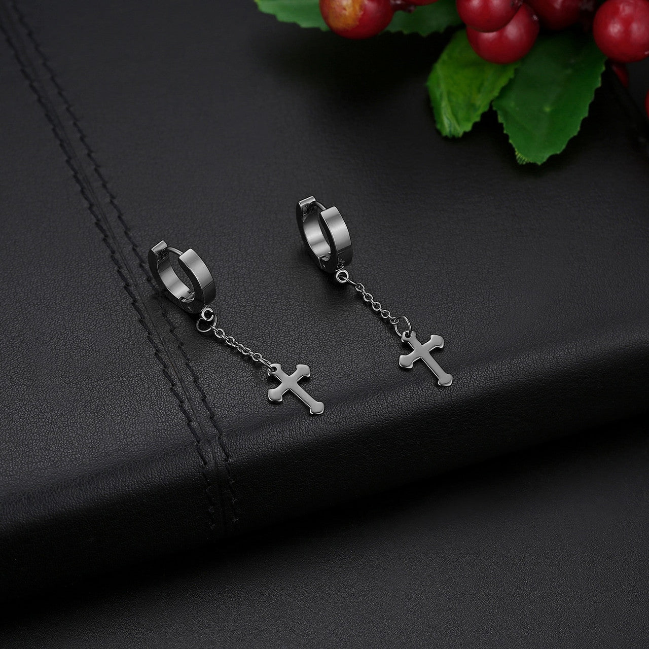 Stainless Steel Goth Cross Dangling Casual Street Wear Earrings