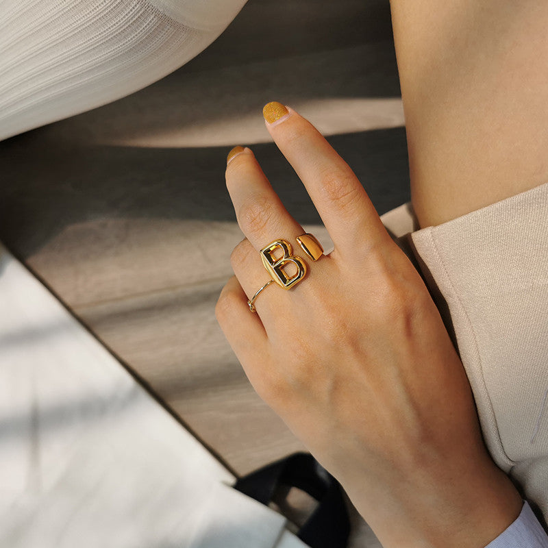 Ladies 18k Gold Initial Letter Adjustable Open Size personality Rings