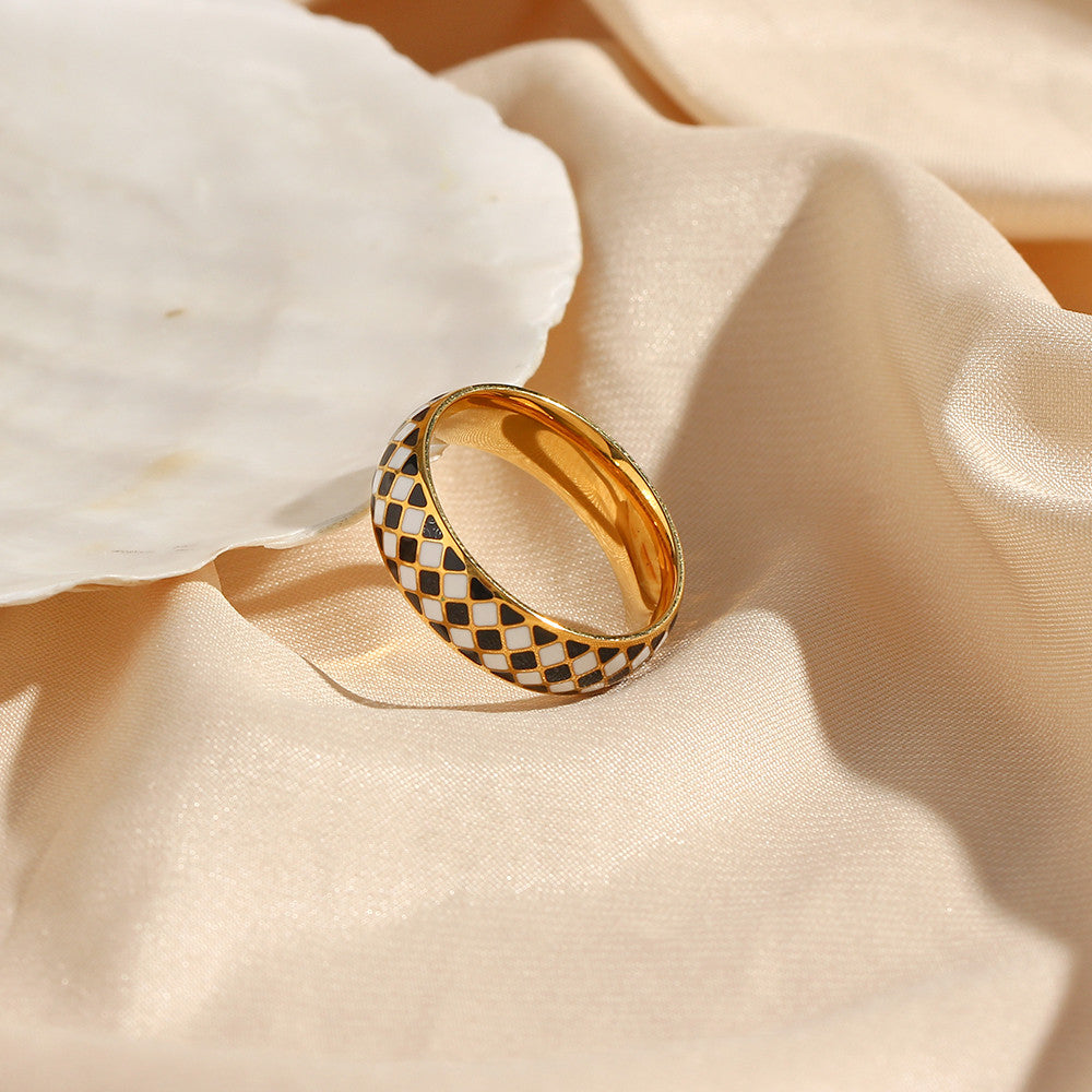 18k Gold Over Stainless Steel Fine Polished Black White Enamel Checker Tarnish Free Ring