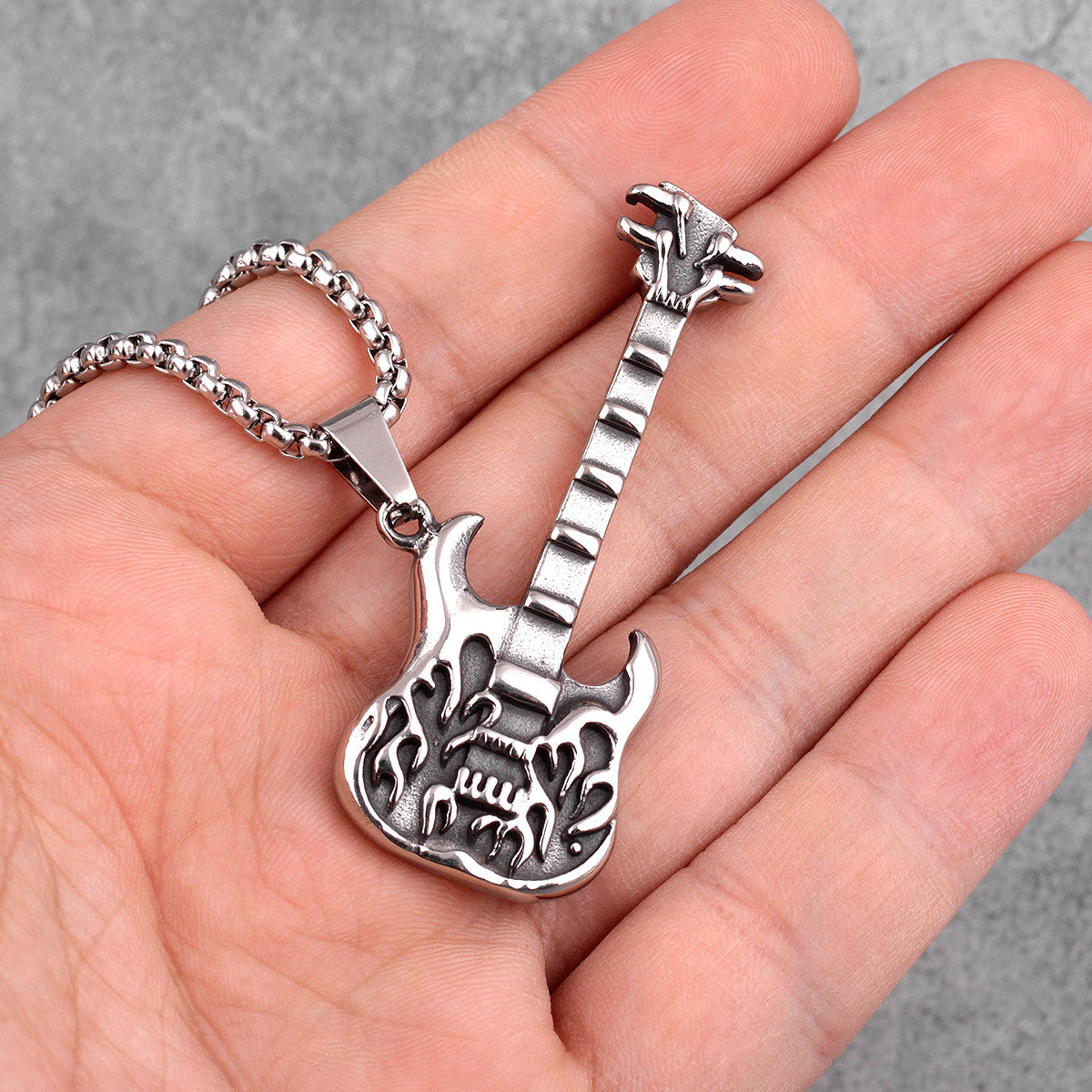 Mens 316L Stainless Steel Street Rock Hip Hop Hell Guitar Pendant Chain Necklace