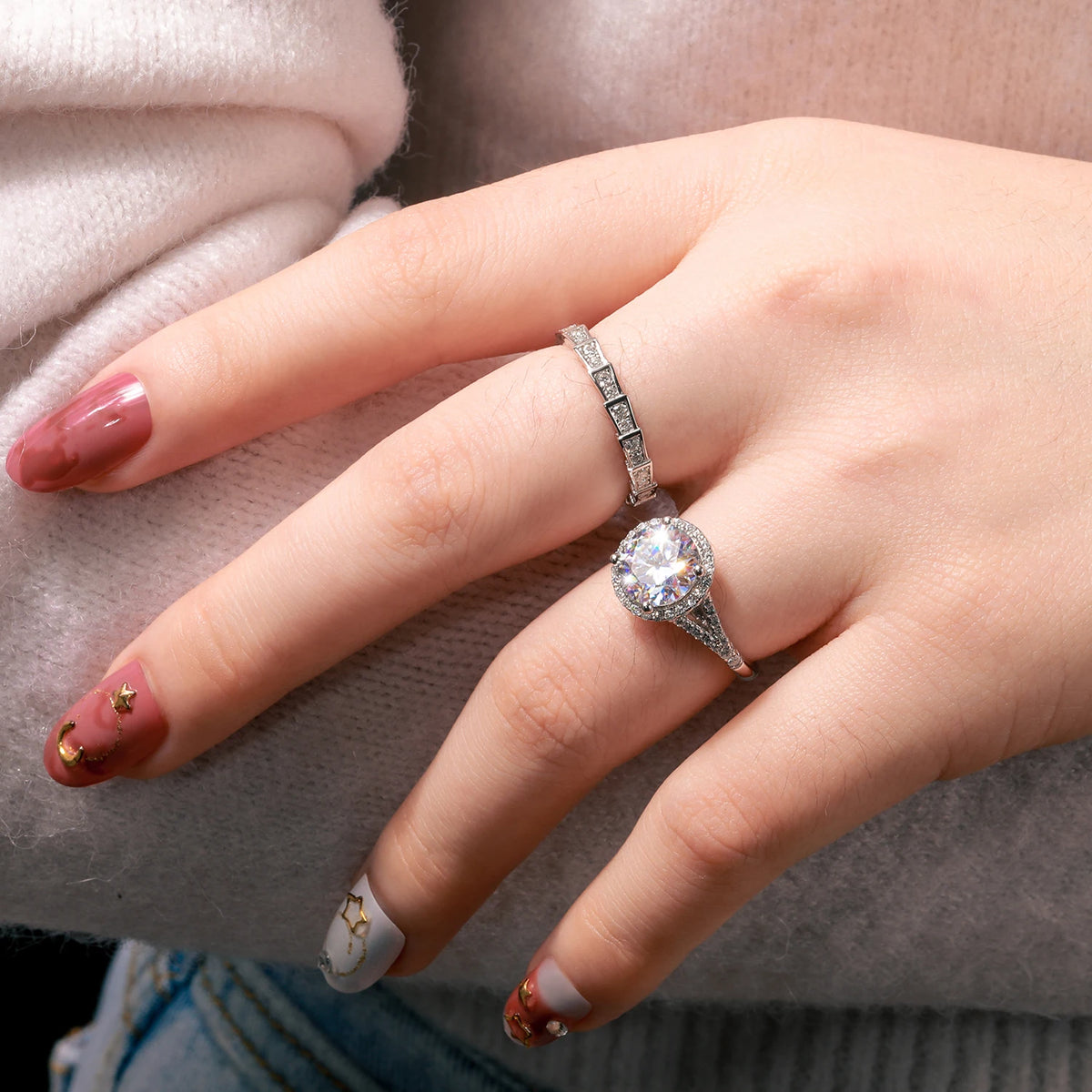Ladies 3CT Genuine VVS Lab Diamond 9mm Round Cut Double Halo 925 Sterling Silver Rings