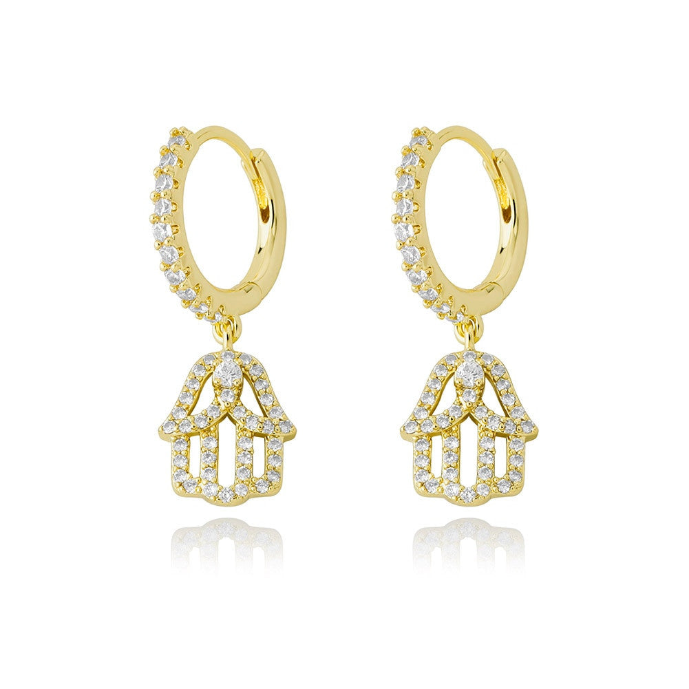 14k Rose Gold 925 Silver Hamsa Hand Street Wear Hip Hop Huggie Hoop Style Earrings