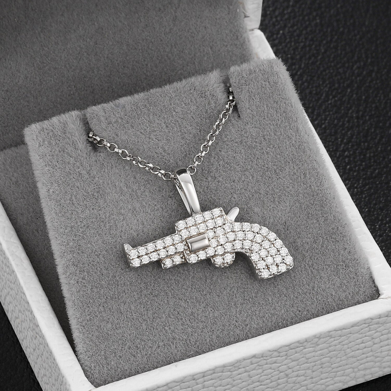 Solid 925 Silver Genuine VVS Diamond Wild West Revolver Hip Hop Pendant Chain Necklace