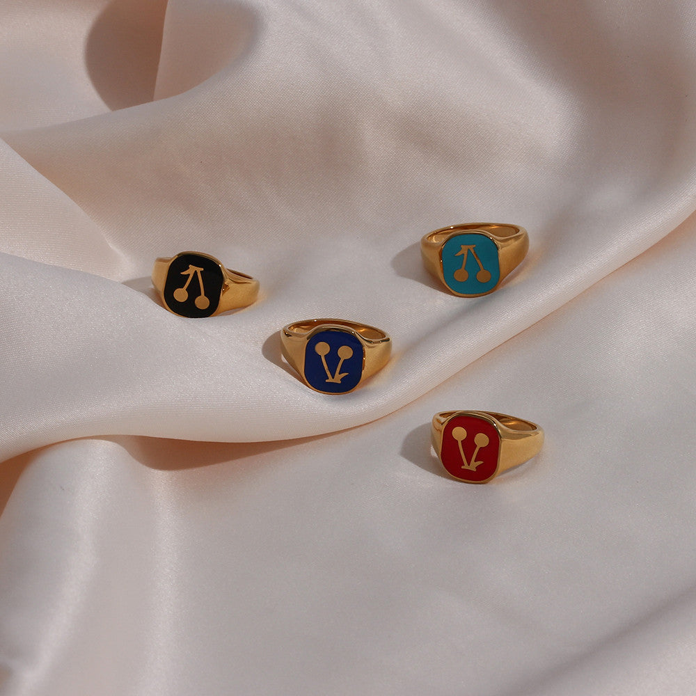 Ladies 18k Gold Solid Stainless Steel Black Red Blue Enamel Stone Cherry Ring