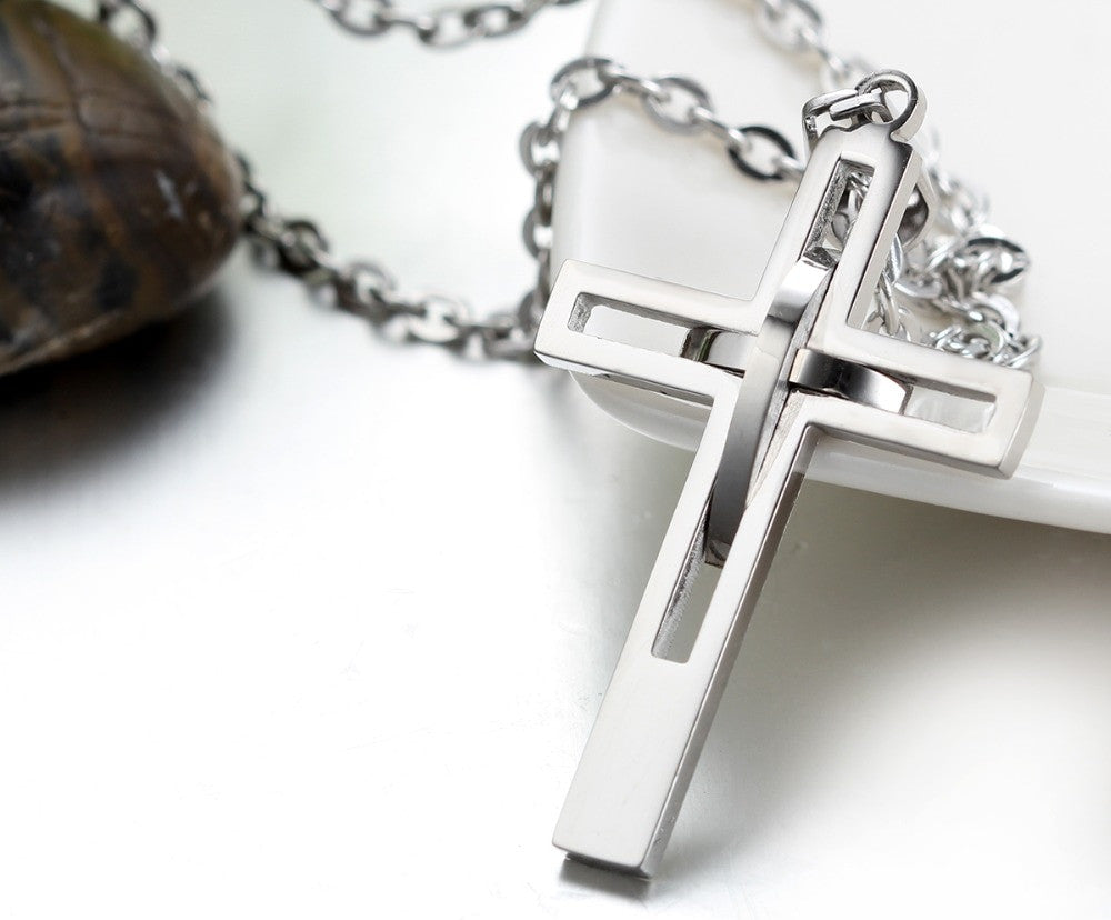 Retro Stainless Steel Gold Black Blue Silver Christian Cross Pendant Chain Necklace