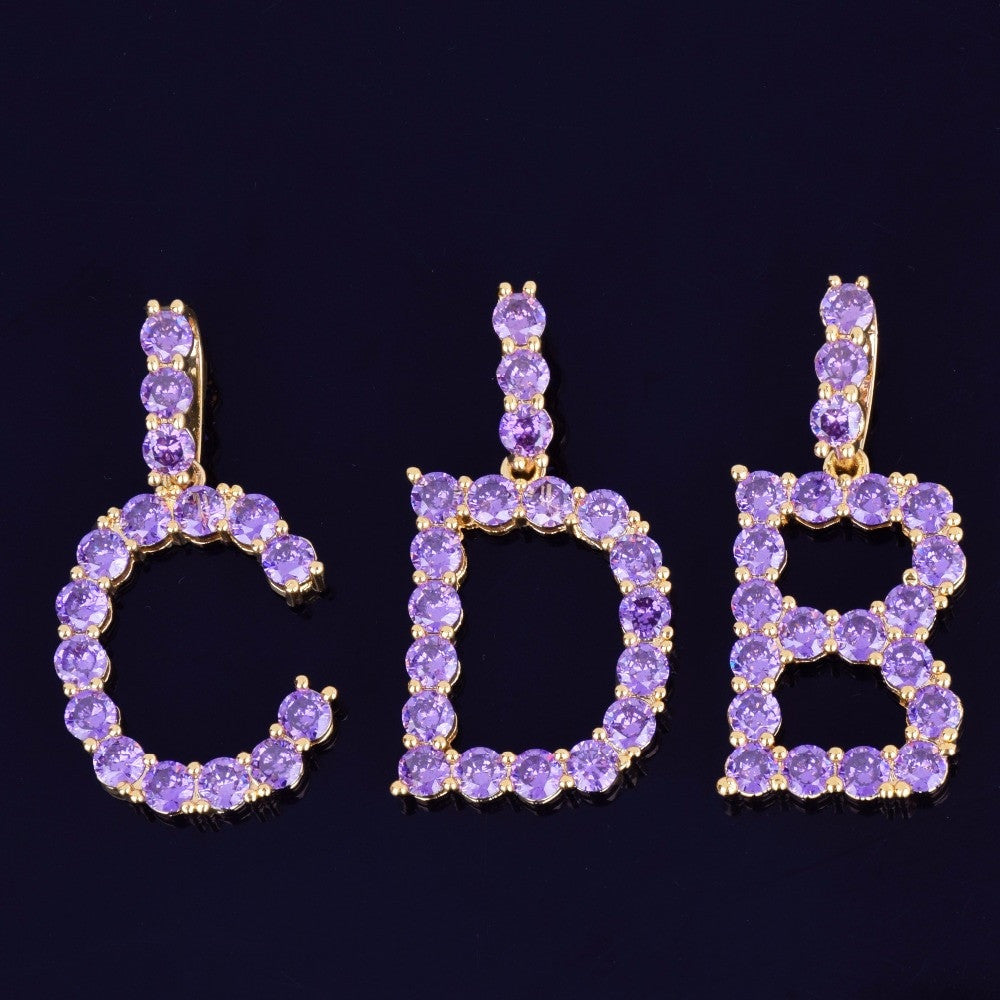 Iced Purple Candy Stone Flooded Ice Hip Hop Tennis Letters Pendant Chain Necklace