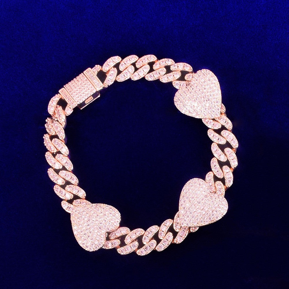 24k Gold .925 Silver Rose Gold Big Heart Love 10mm Miami Cuban Link Bracelet
