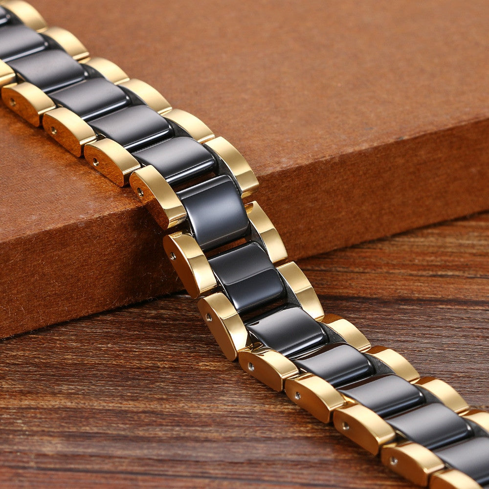 Black Gold White Ceramic Magnet Therapy Stainless Steel Mens Bracelets