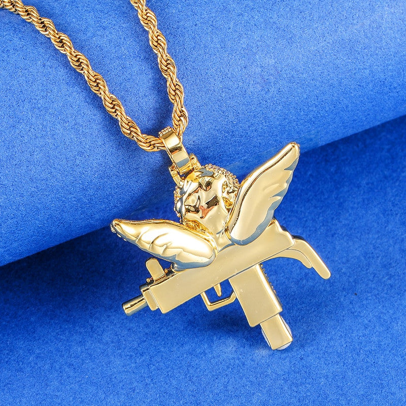 Flooded Ice Uzi Machine Hip Hop Guardian Angel Bling Pendant Chain Necklace