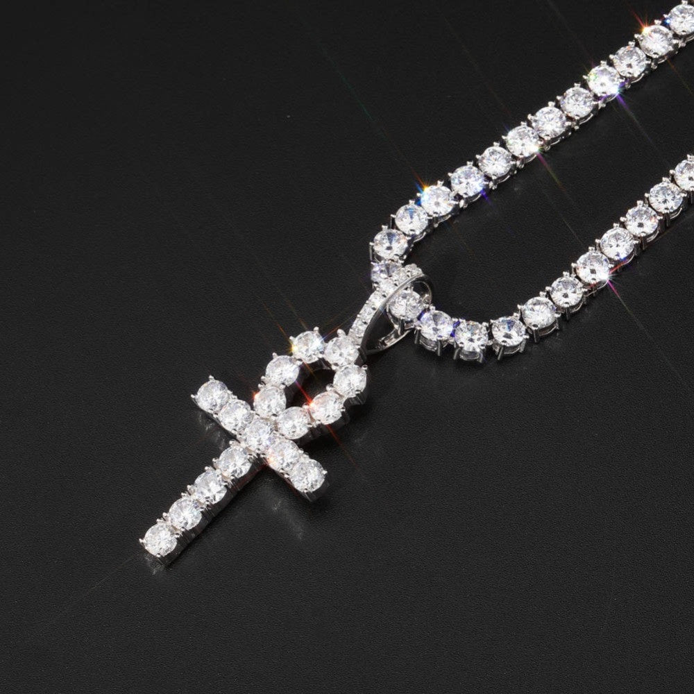 Key Of Life 925 Sterling Silver Iced Ankh Cross Egyptian Pendant Necklace