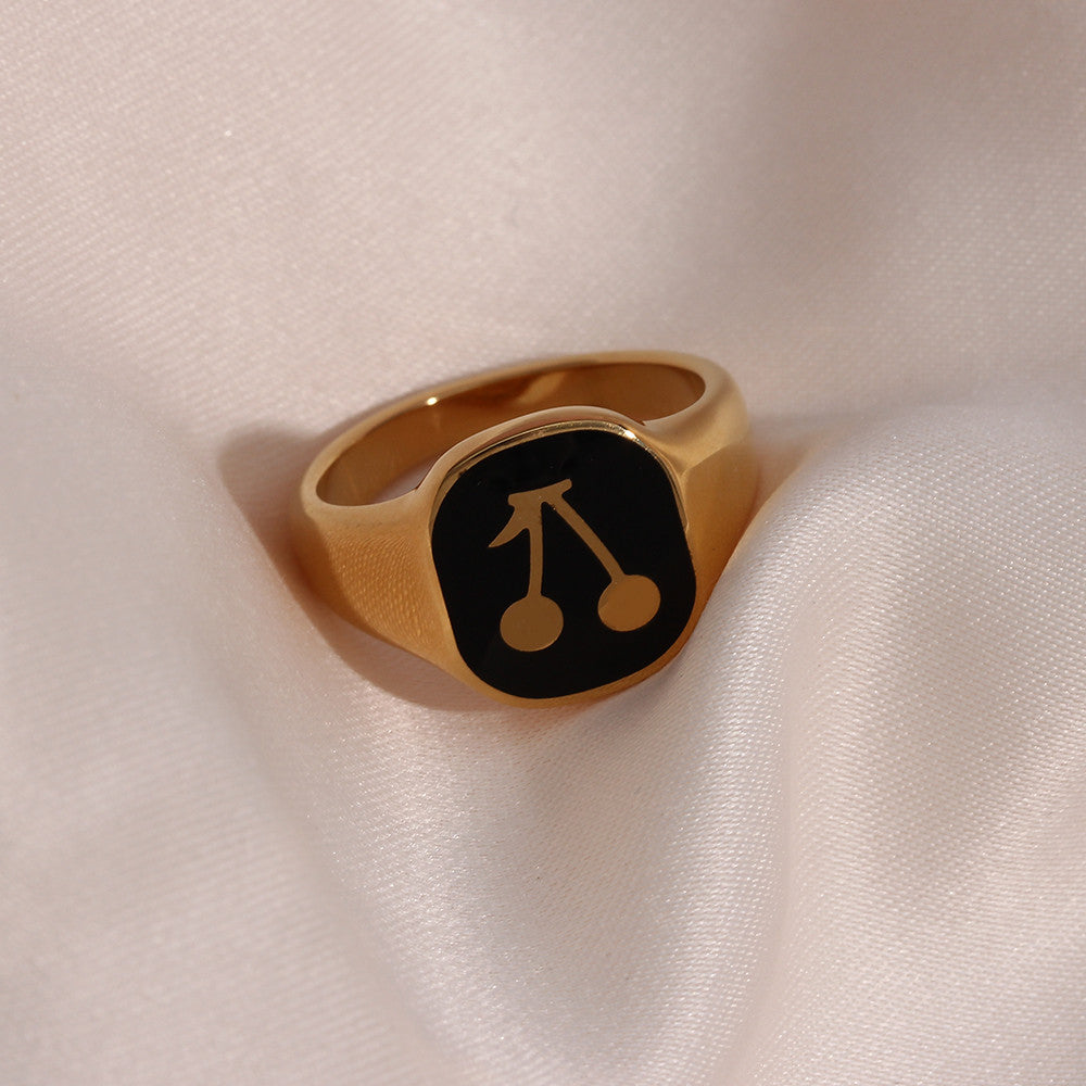 Ladies 18k Gold Solid Stainless Steel Black Red Blue Enamel Stone Cherry Ring
