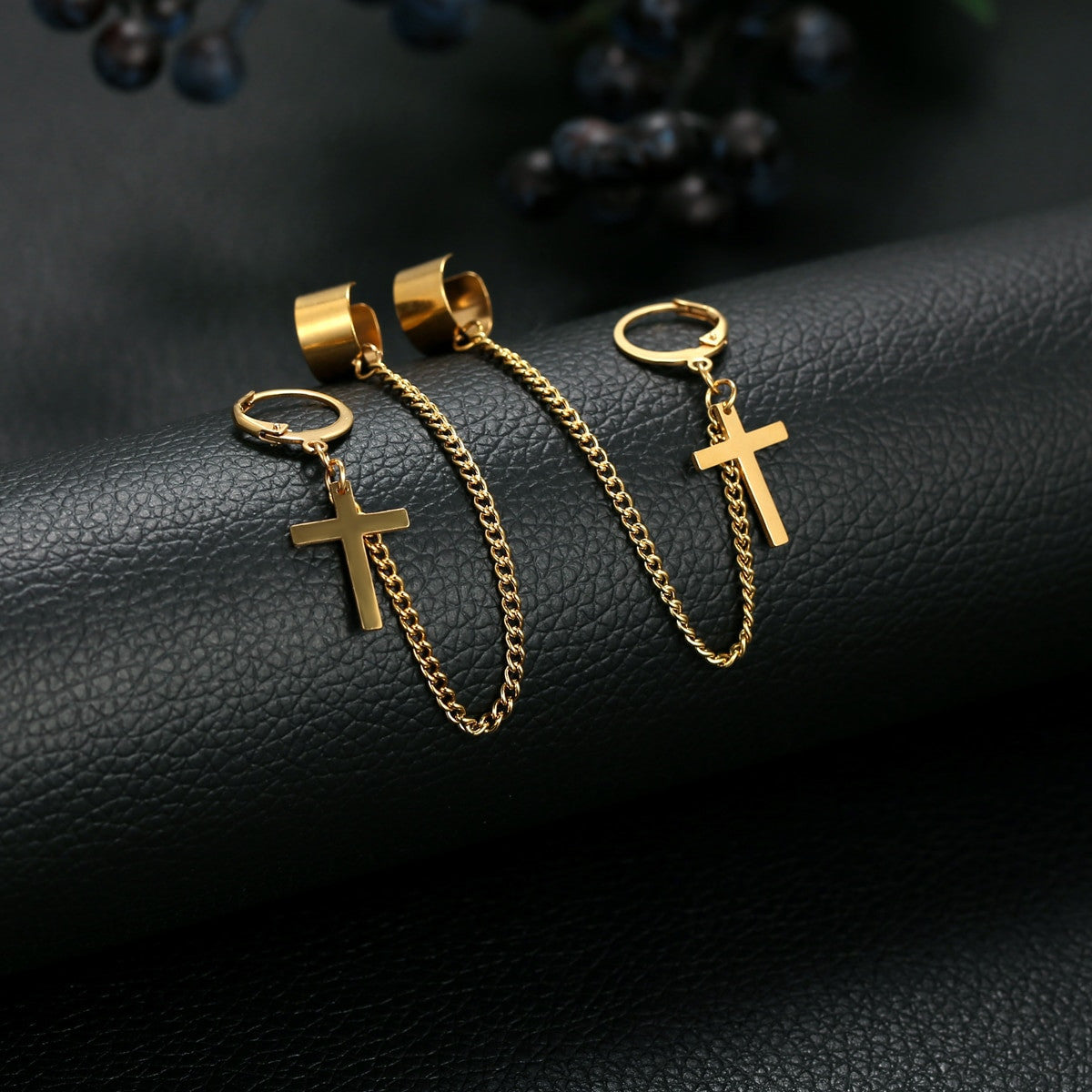 Silver Black Gold Street Wear Punk Rock Cuff Chain Cross Stainless Steel Earrings