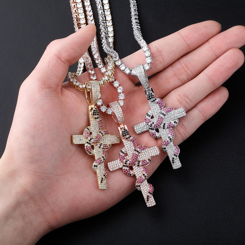 AAA Micro Pave Coral Snake Flooded Ice Hip Hop Cross Pendant Chain Necklace