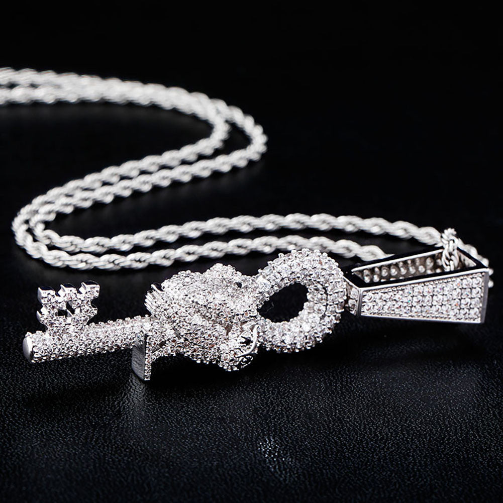 Hip Hop Flooded Ice Wise Owl Skeleton Key Bling Pendant Chain Necklace