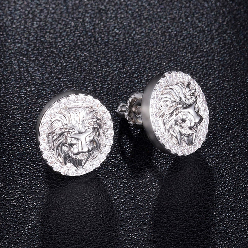 AAA Micro Paved King Lion Head Flooded Ice 14k Gold Bling Earrings