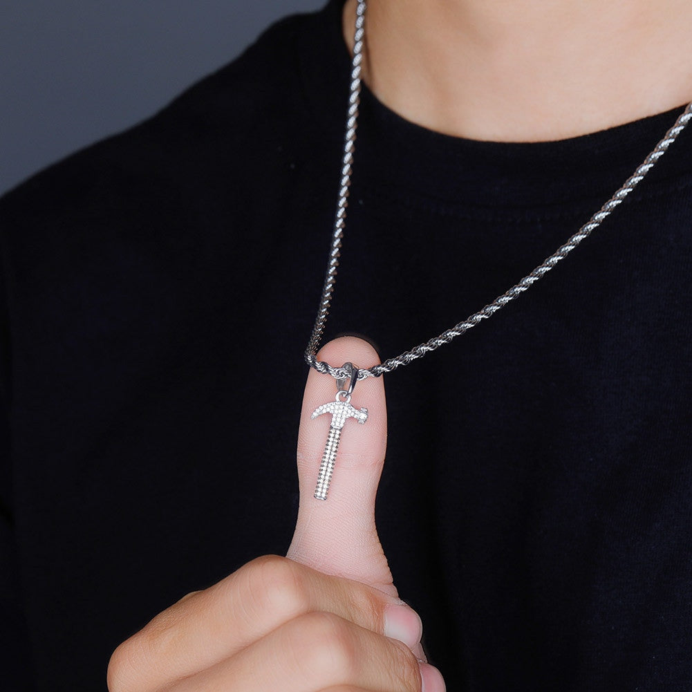 Flooded Ice 925 Sterling Silver Simulated Diamond Hammer Bling Pendant