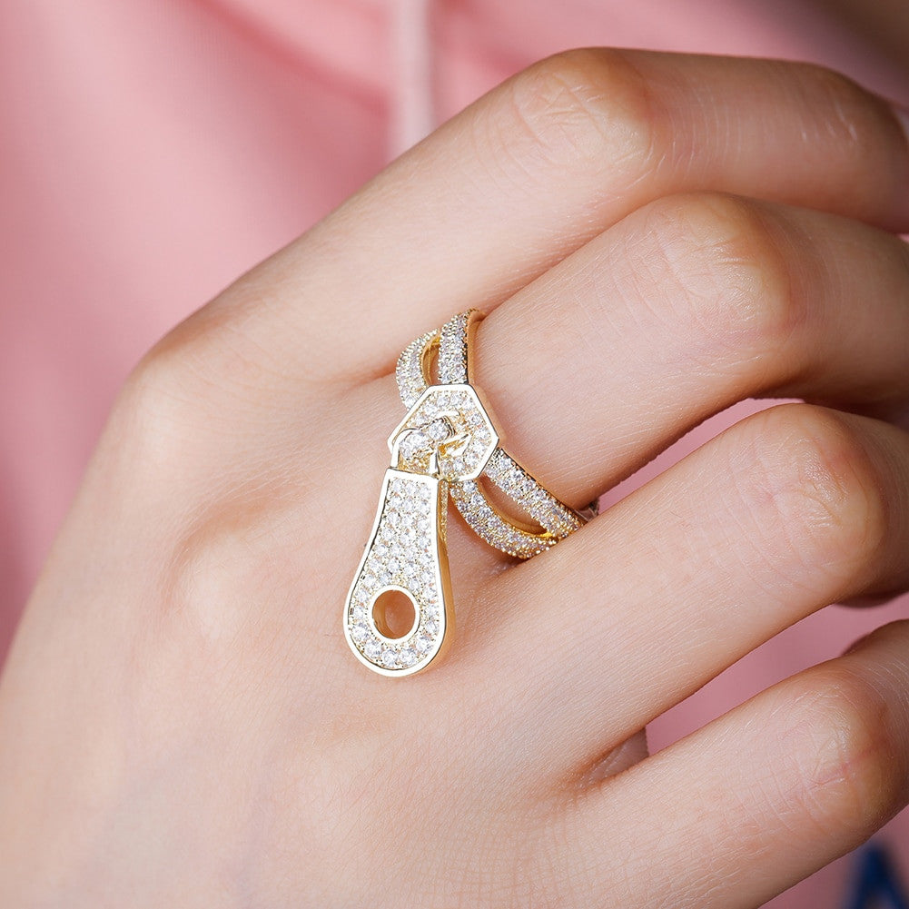 Flooded Ice 3A Simulate Diamond Street Wear Fashion Bling Zipper Rings