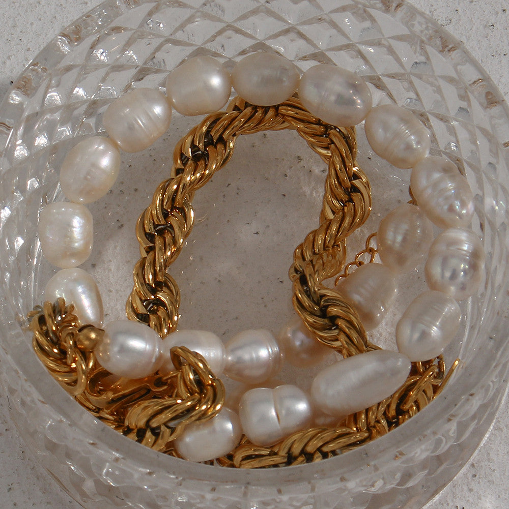 Ladies Bold Twisted Rope Chain Freshwater Pearl Chunky Necklace Bracelet Sets