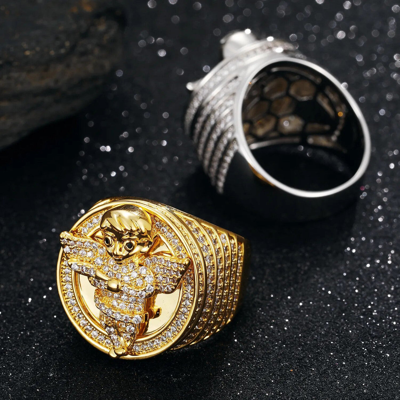 Mens Domination Superior Angel Detailed Prong Set Hip Hop Iced Rings