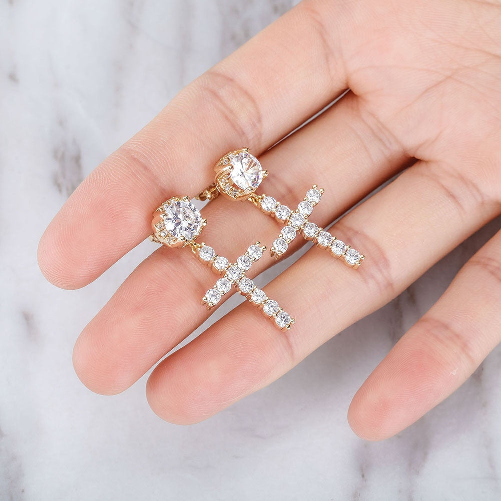 Ladies High Quality Ladies 14k White Yellow Gold Center Stone Bling Cross Drop Earrings