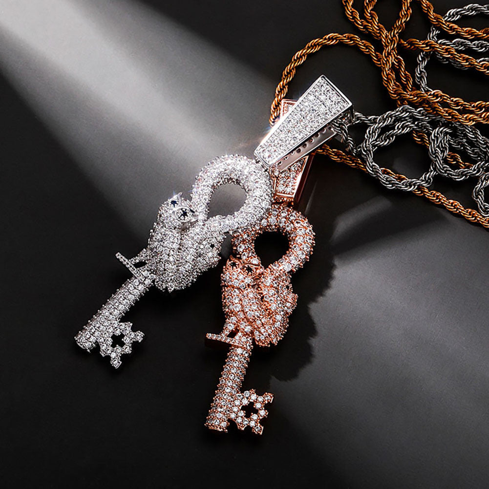 Hip Hop Flooded Ice Wise Owl Skeleton Key Bling Pendant Chain Necklace