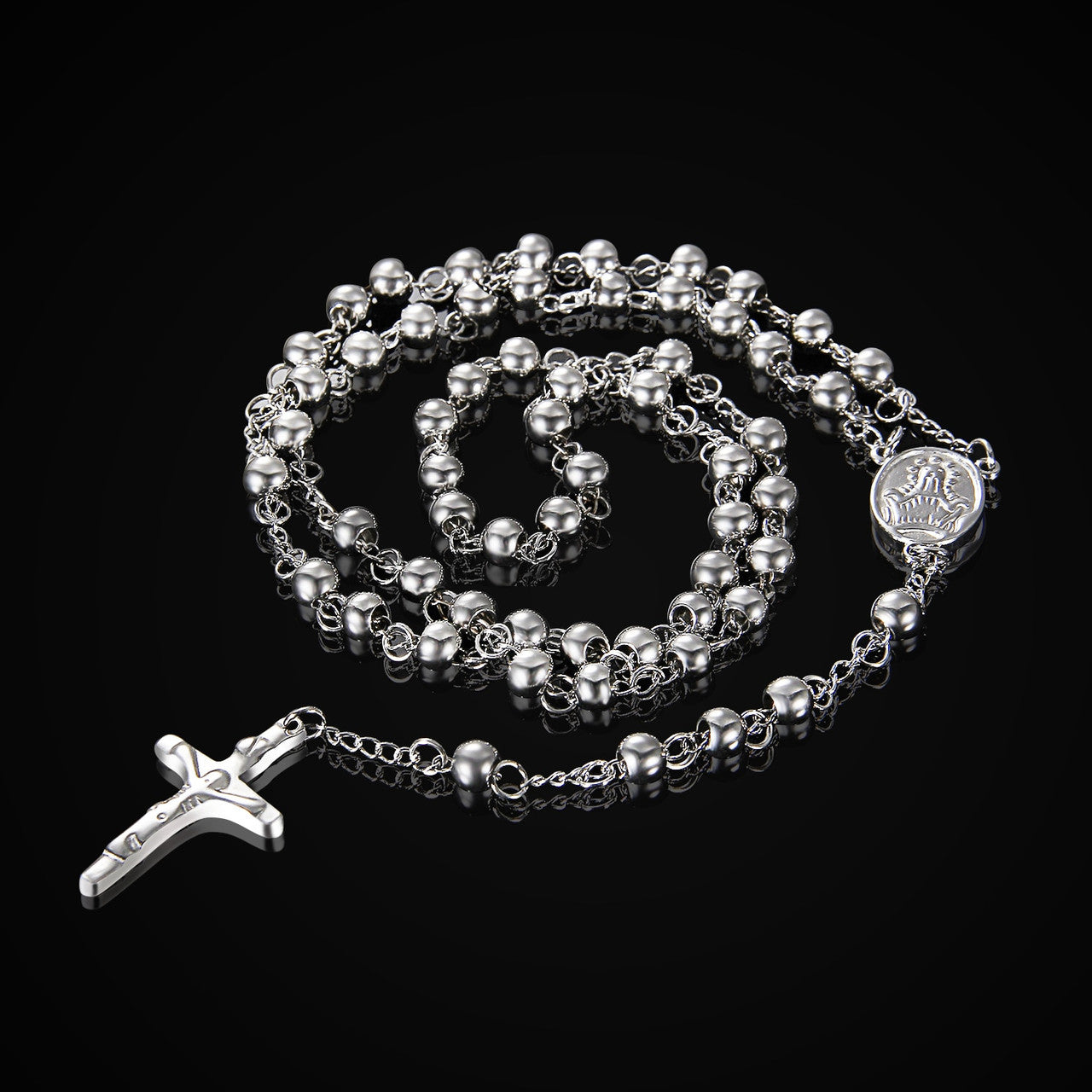 Vintage Look Classic Style Stainless Steel No Fade Rosary Beads Jesus Christ Crucifix Cross Pendant