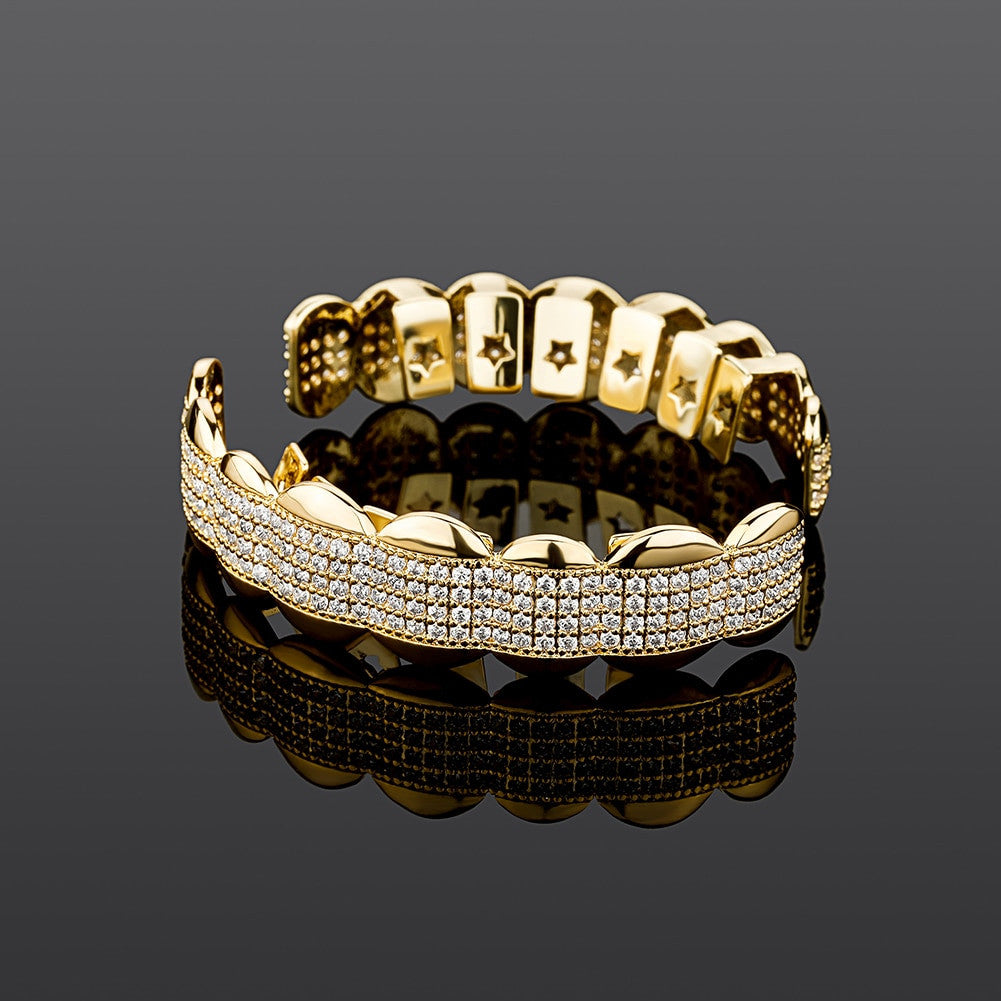 18k White Yellow Gold Crushed Ice Hip Hop Mouth Teeth Grillz