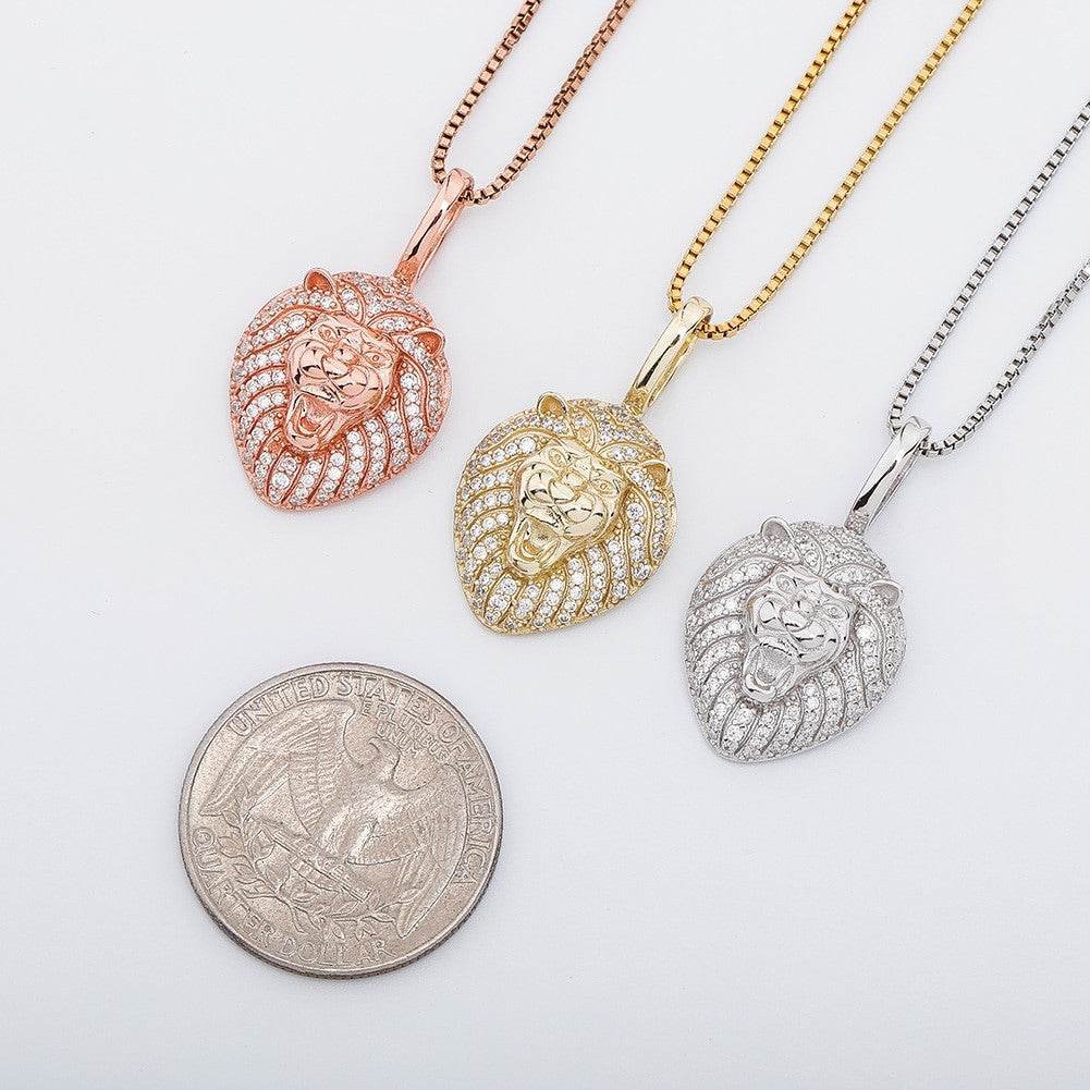Rose Gold 14k Gold Solid .925 Sterling Silver Iced Lion Head Pendant Chain Necklaces