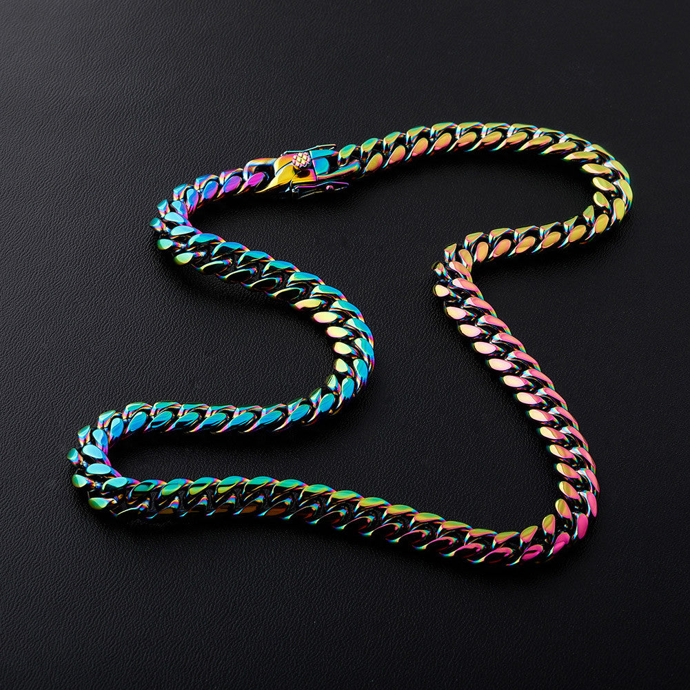 10mm Stainless Steel Fashion Rainbow Color Cuban Link Hip Hop Chain Necklace