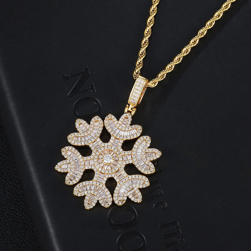 Snowfall Flooded Ice Princess Cut AAA Micro Pave Snowflake Hip Hop Pendant Chain Necklace
