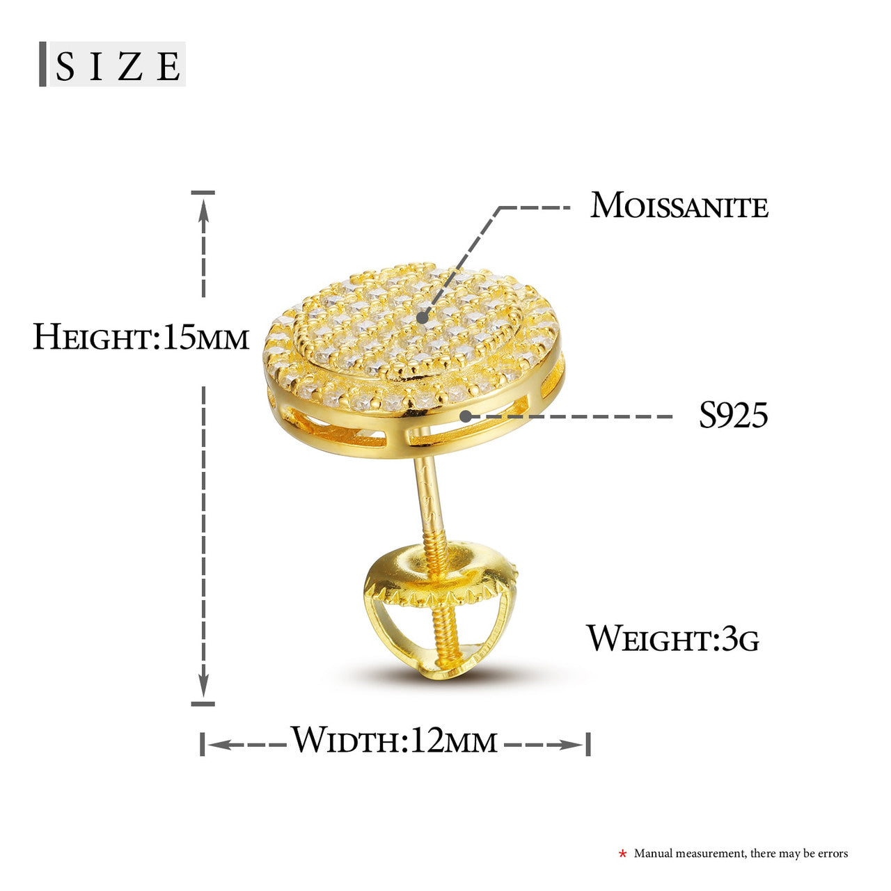 Diamond Disk Screw Back 18k Gold 925 Silver D Color VVS Hip Hop Iced Earrings