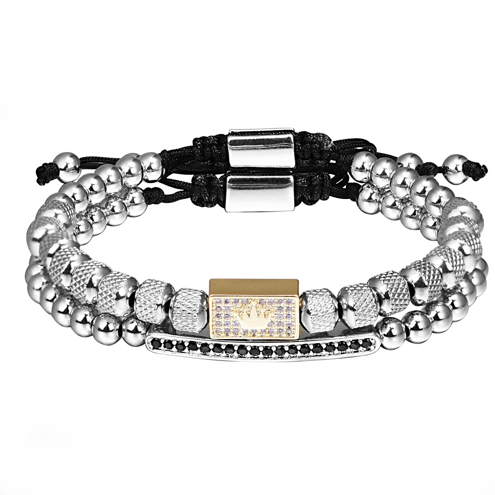 Two Piece | VVS Diamond CZ Stainless Steel 18k Gold Kings 2 Piece Bracelet Set