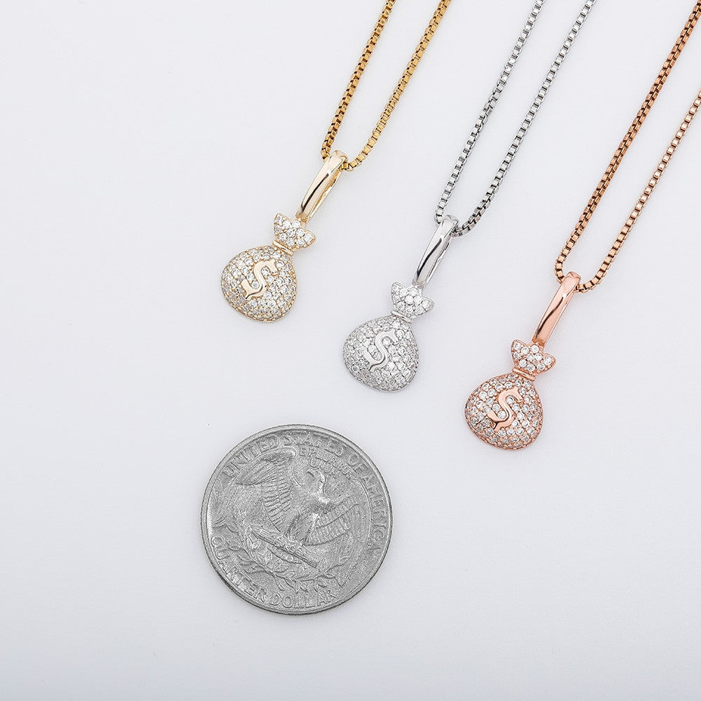 Ladies 14k Gold Rose Gold Solid .925 Sterling Silver AAA Stone Money Bag Hip Hop Pendant