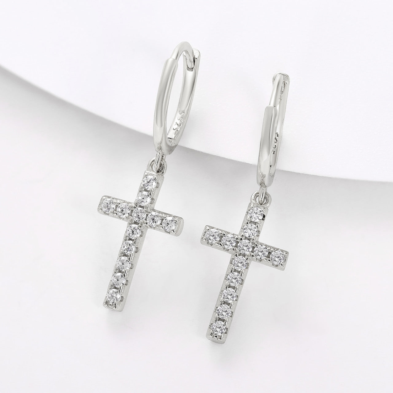 Solid 925 Sterling Silver VVS Diamond Hoop Cross Prong Set Fine Jewelry Earrings