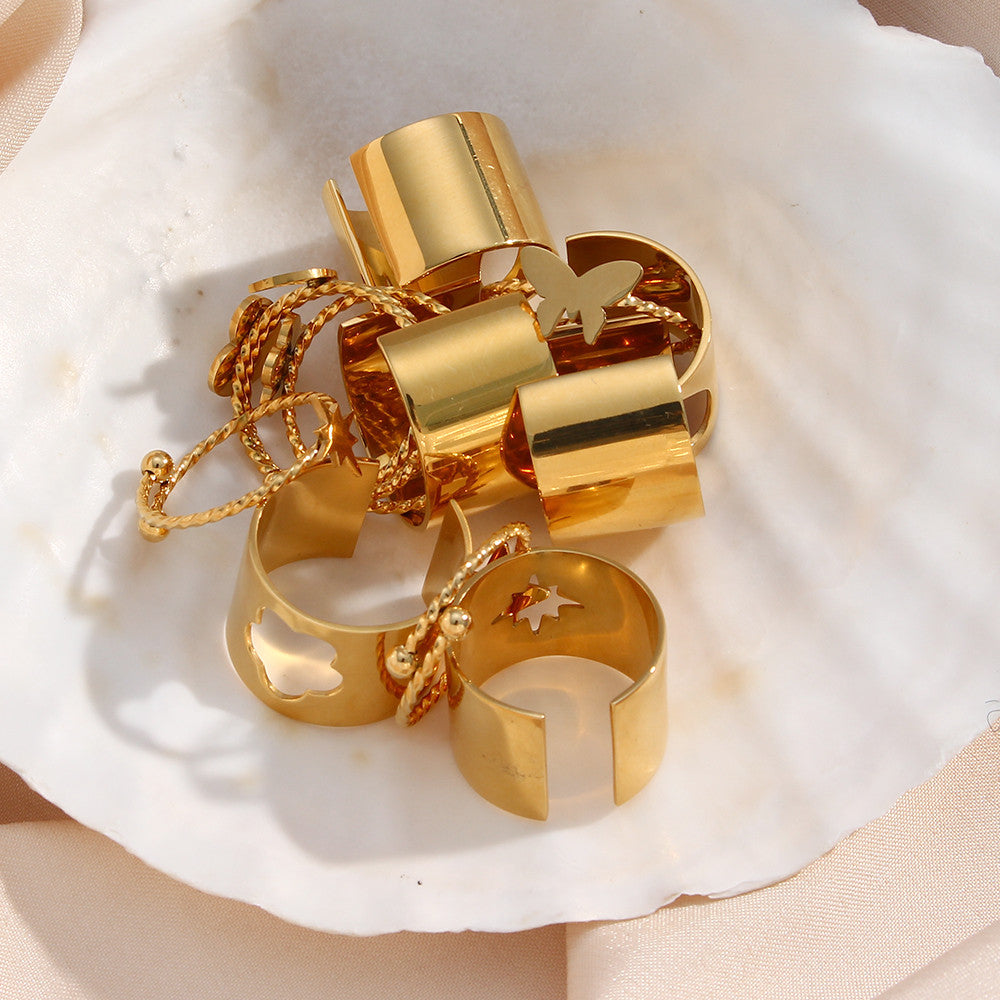 18k Gold Waterproof Stainless Steel Fine Polished Moon Star Heart Flower Adjustable Rings