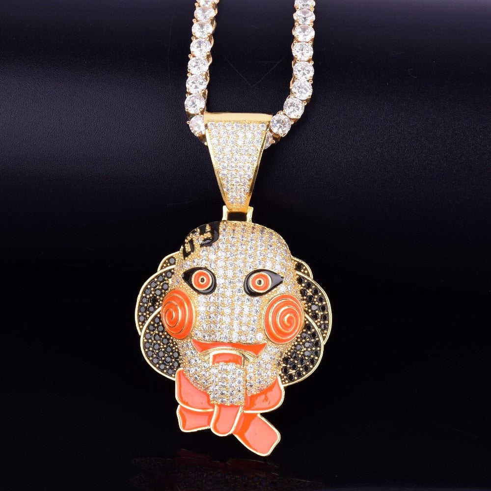 Hip Hop Micro Paved Full AAA Flooded Ice Stone 69 Saw Doll Chain Head Mask Pendant