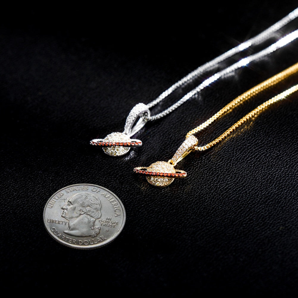 Ladies Love Orbit Solid 925 Sterling Silver Planet AAA Micro Pave Pendant Necklace